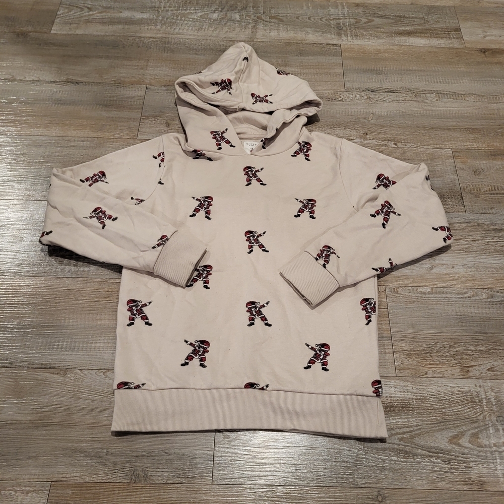 Denim & Flower Pullover Hoodie Tan with Santa Graphics Boys Size Medium